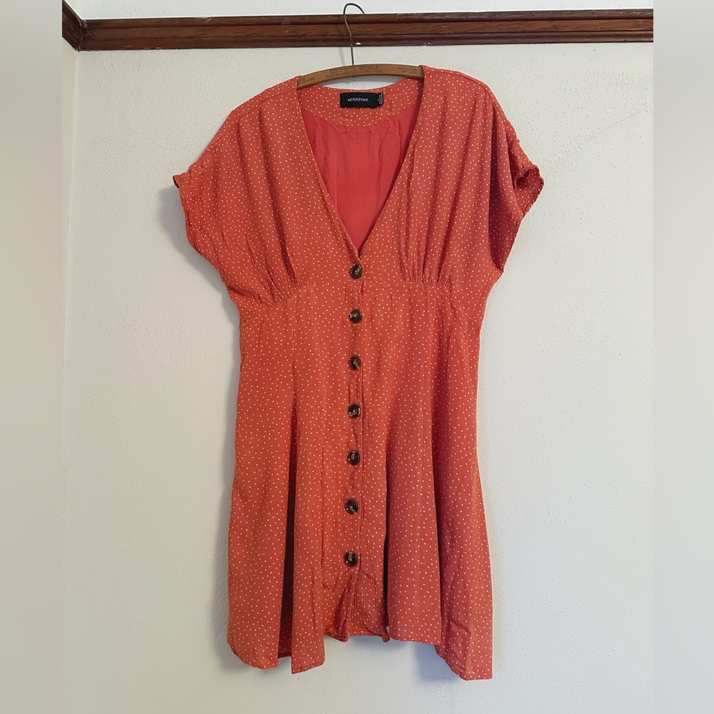 MinkPink Coral Pink w/ White Polka Dots Dress L